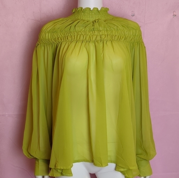 Nasty Gal If It Ain't Got That Swing Chiffon Shirred Blouse in Lime Green Size 6 - Picture 1 of 7